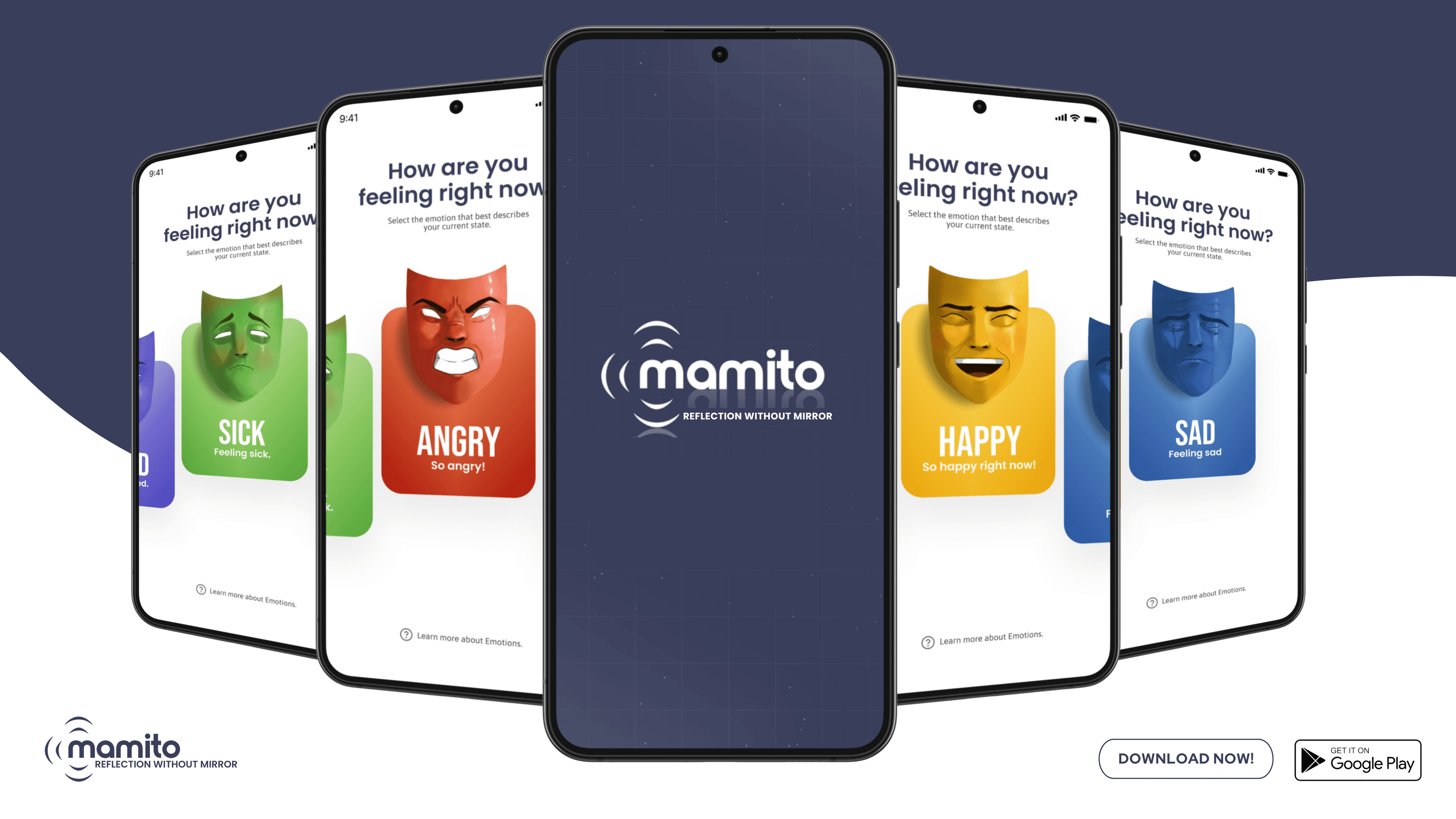 Mamito app screens showing mood selection